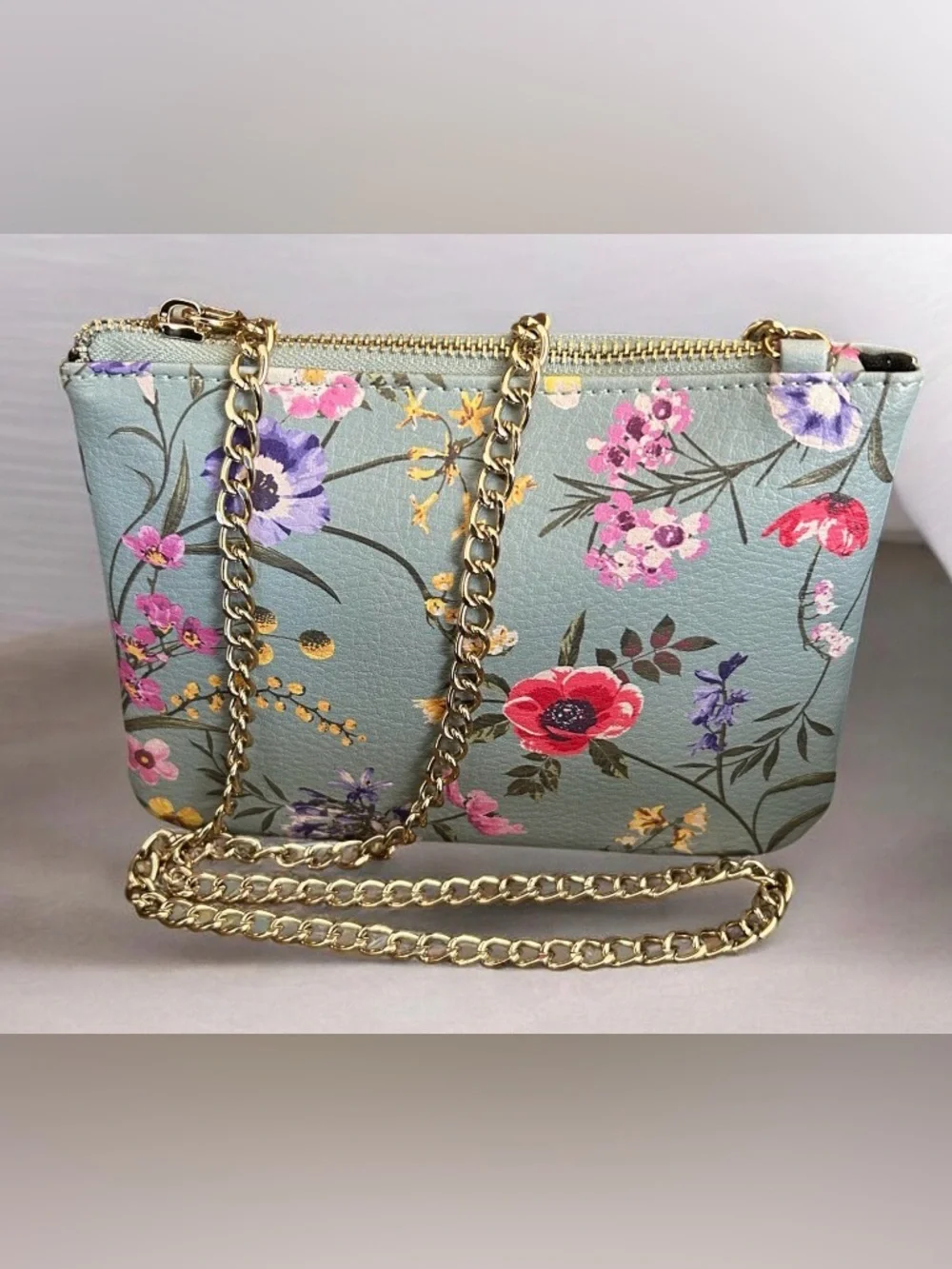Big Buddha Floral Crossbody Bag Gold Chain Light Blue - Picture 1 of 4